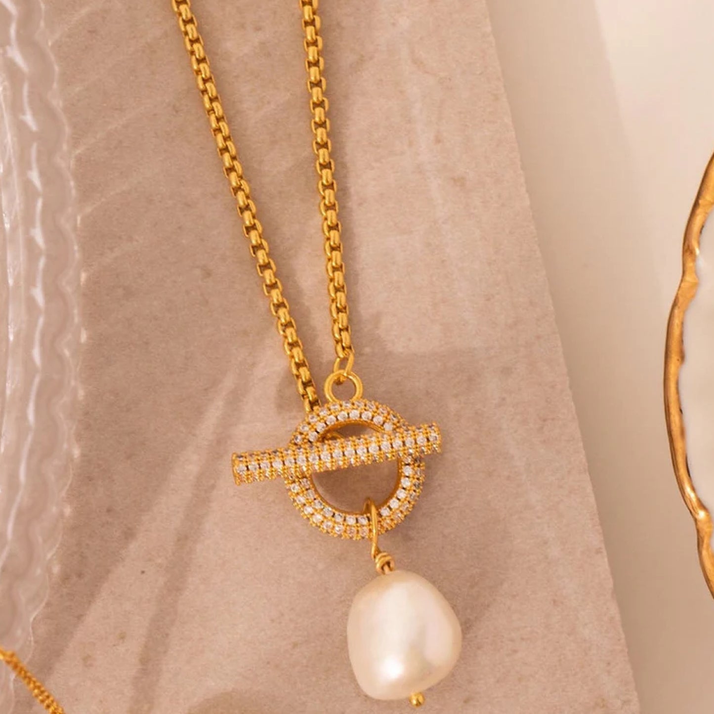 Gold Lunar Cubic Zirconia And Pearl Necklace