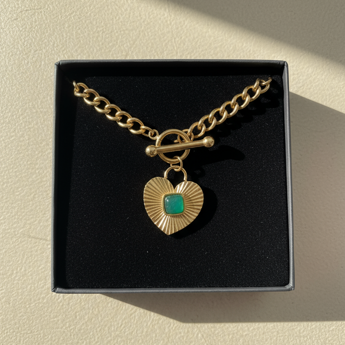 Gold Lunar T Bar Chain Green Agate Heart Necklace