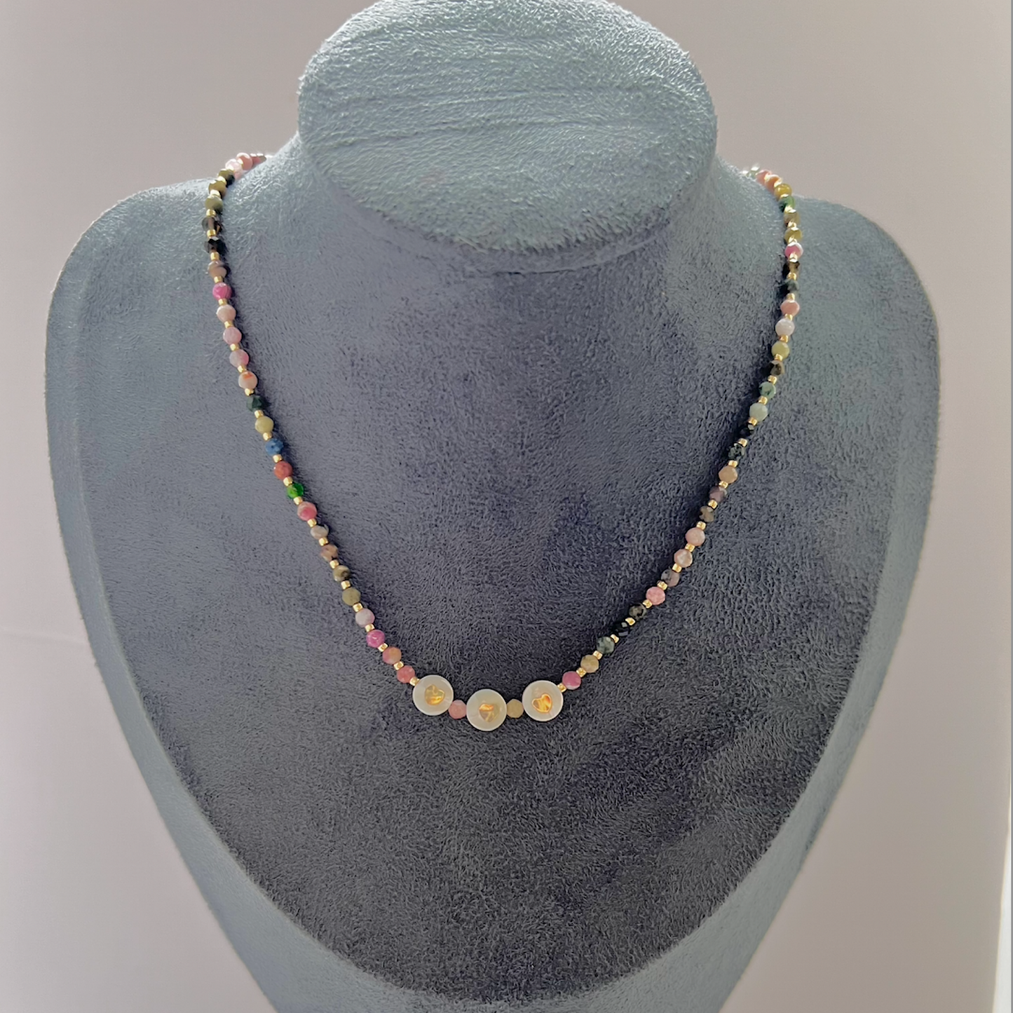 Precious stone Tourmaline beaded necklace with heart charm