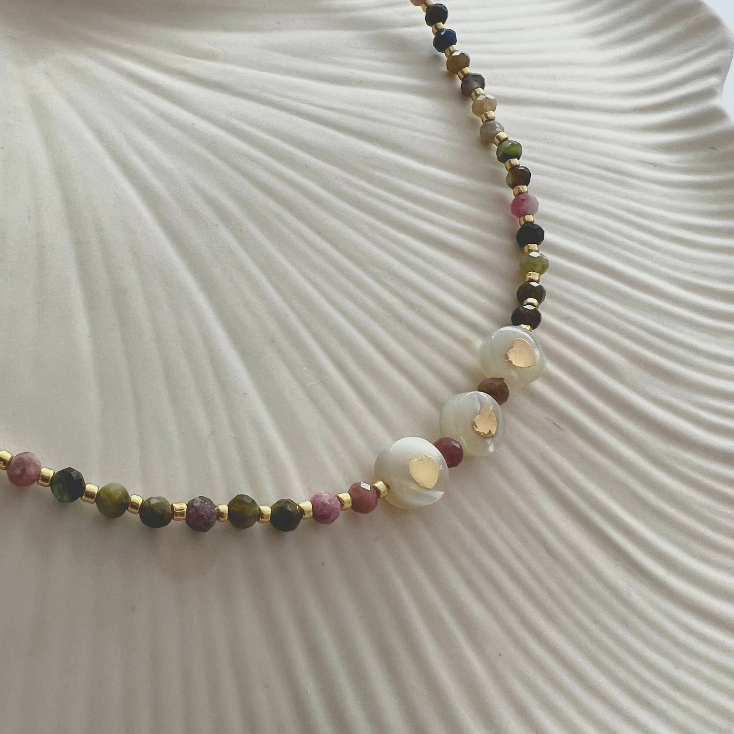 Precious stone Tourmaline beaded necklace with heart charm