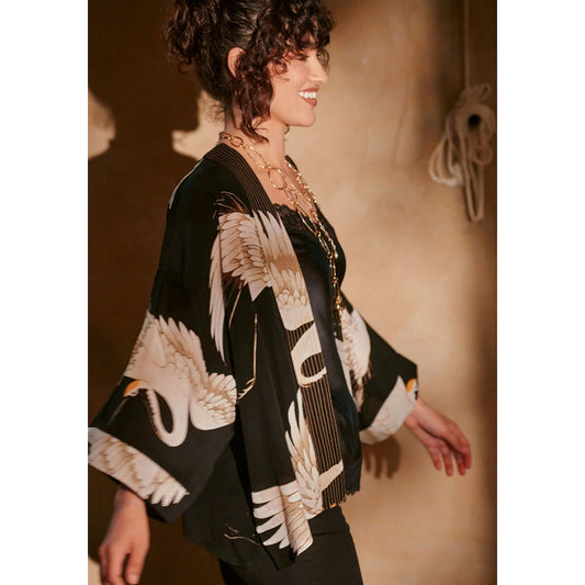 One Hundred Stars Stork Black Crepe Kimono