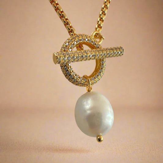 Gold Lunar Cubic Zirconia And Pearl Necklace