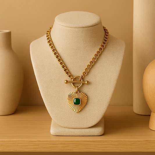 Gold Lunar T Bar Chain Green Agate Heart Necklace